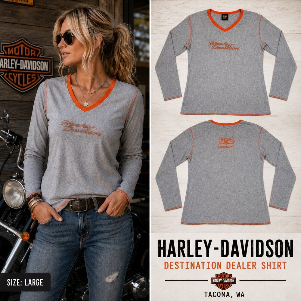 Harley-Davidson Women’s Gray Long Sleeve V-Neck T Shirt Orange Trim Tacoma WA LG - Picture 4 of 10